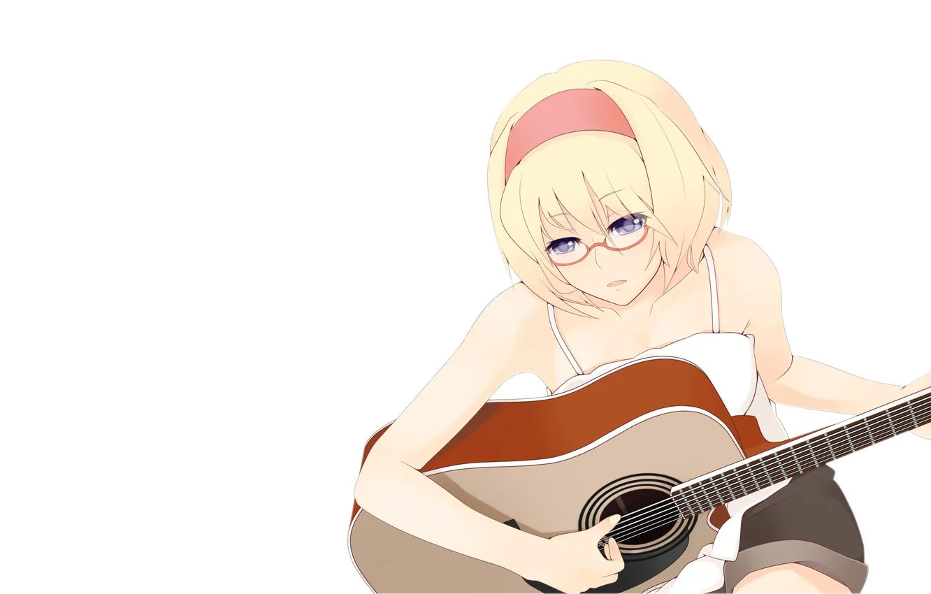 Photo wallpaper eyes, look, girl, guitar, anime, glasses, white background, sitting