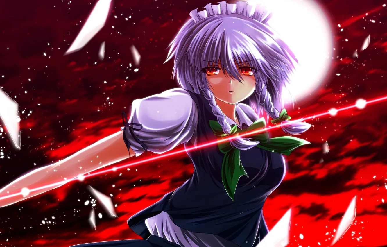 Photo wallpaper girl, fragments, the moon, art, red eyes, touhou, nekominase, Izayoi Sakuya