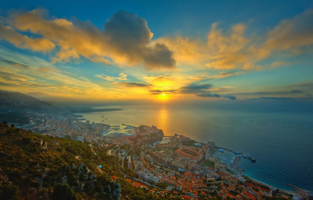 Photo wallpaper sea, sunset, the city, coast, Monaco