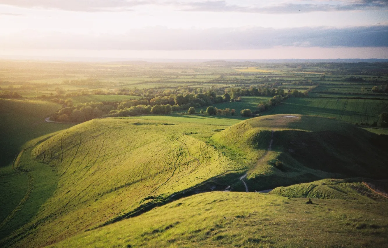 Photo wallpaper field, the sky, nature, background, hills, Wallpaper, horizon, panorama