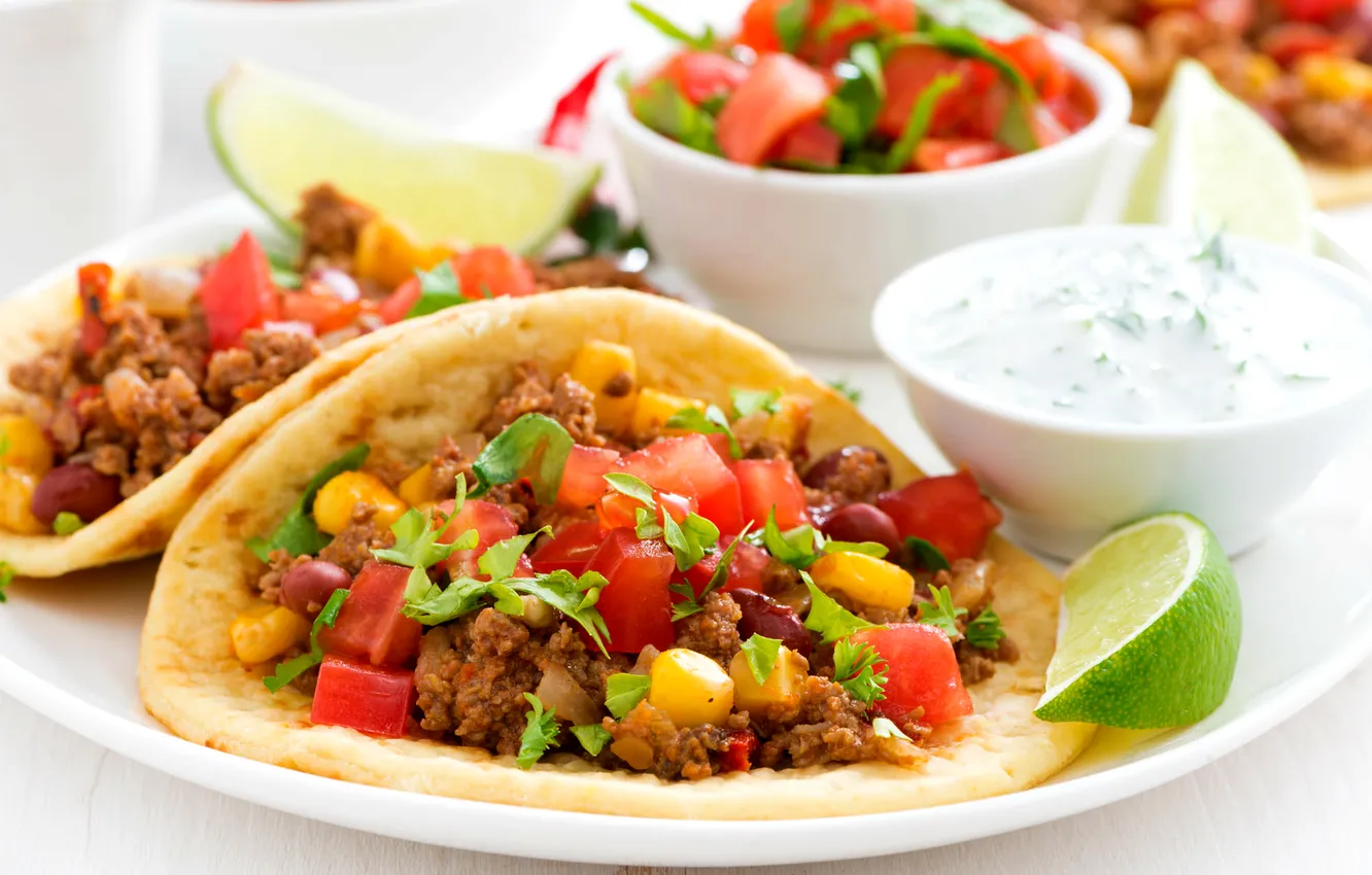 Photo wallpaper meat, vegetables, sauce, filling, tortillas, salsa, Mexican cuisine