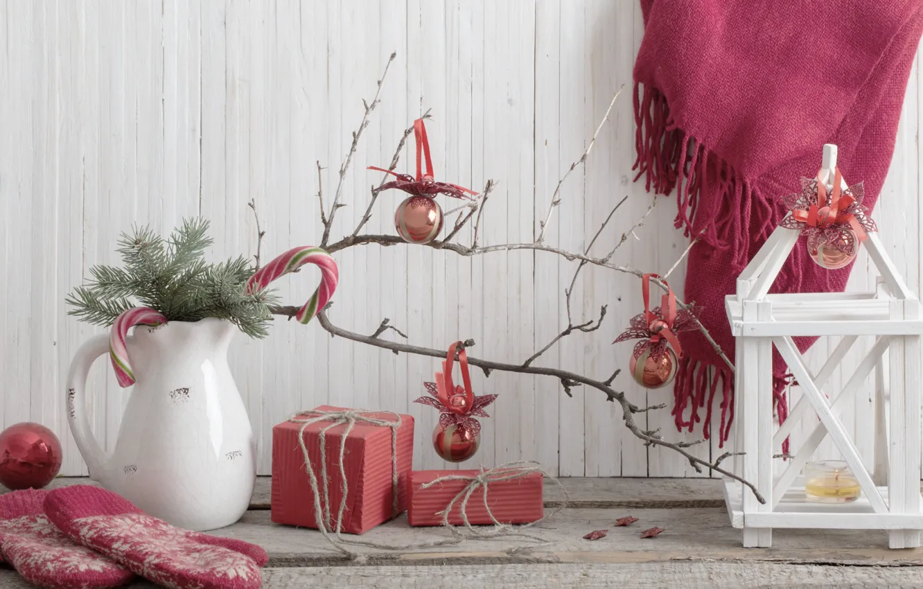 Photo wallpaper decoration, balls, tree, New Year, Christmas, gifts, Christmas, vintage