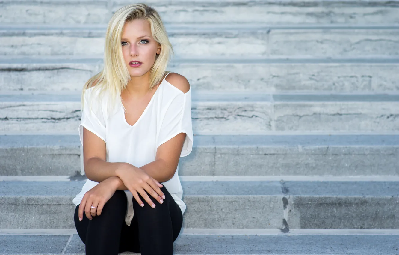 Photo wallpaper look, girl, blonde, steps, sitting