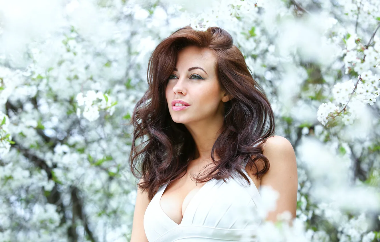 Photo wallpaper look, girl, flowers, portrait, spring, dress