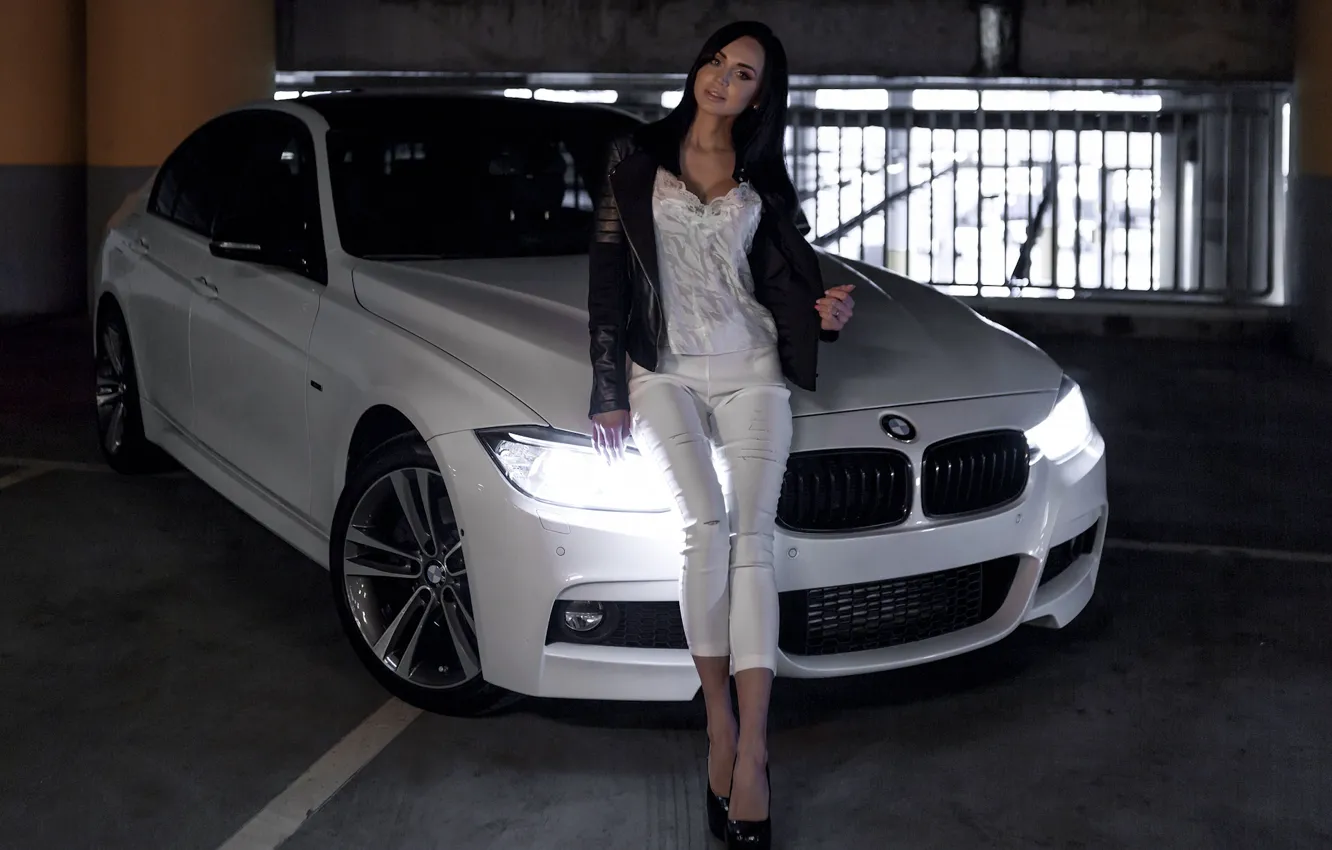 Photo wallpaper look, girl, BMW, beautiful girl, Valeria, white car, posing on the car