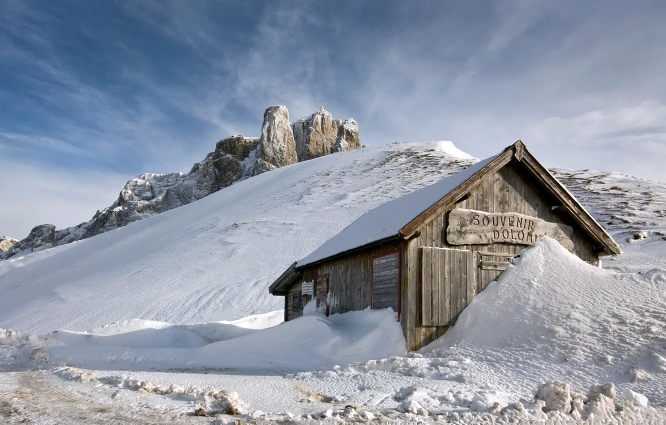 Photo wallpaper snow, mountains, house