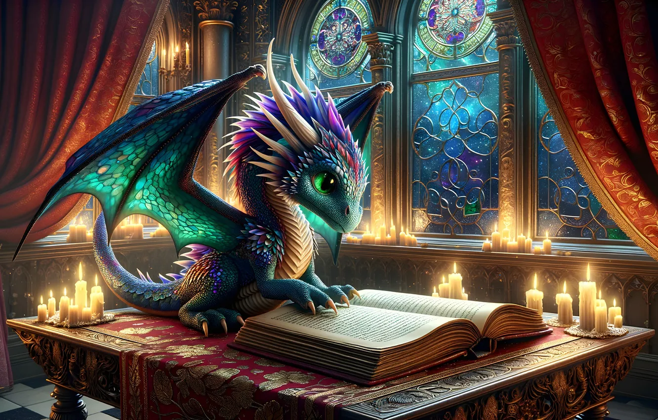 Photo wallpaper dragon, table, candles, fantasy, book