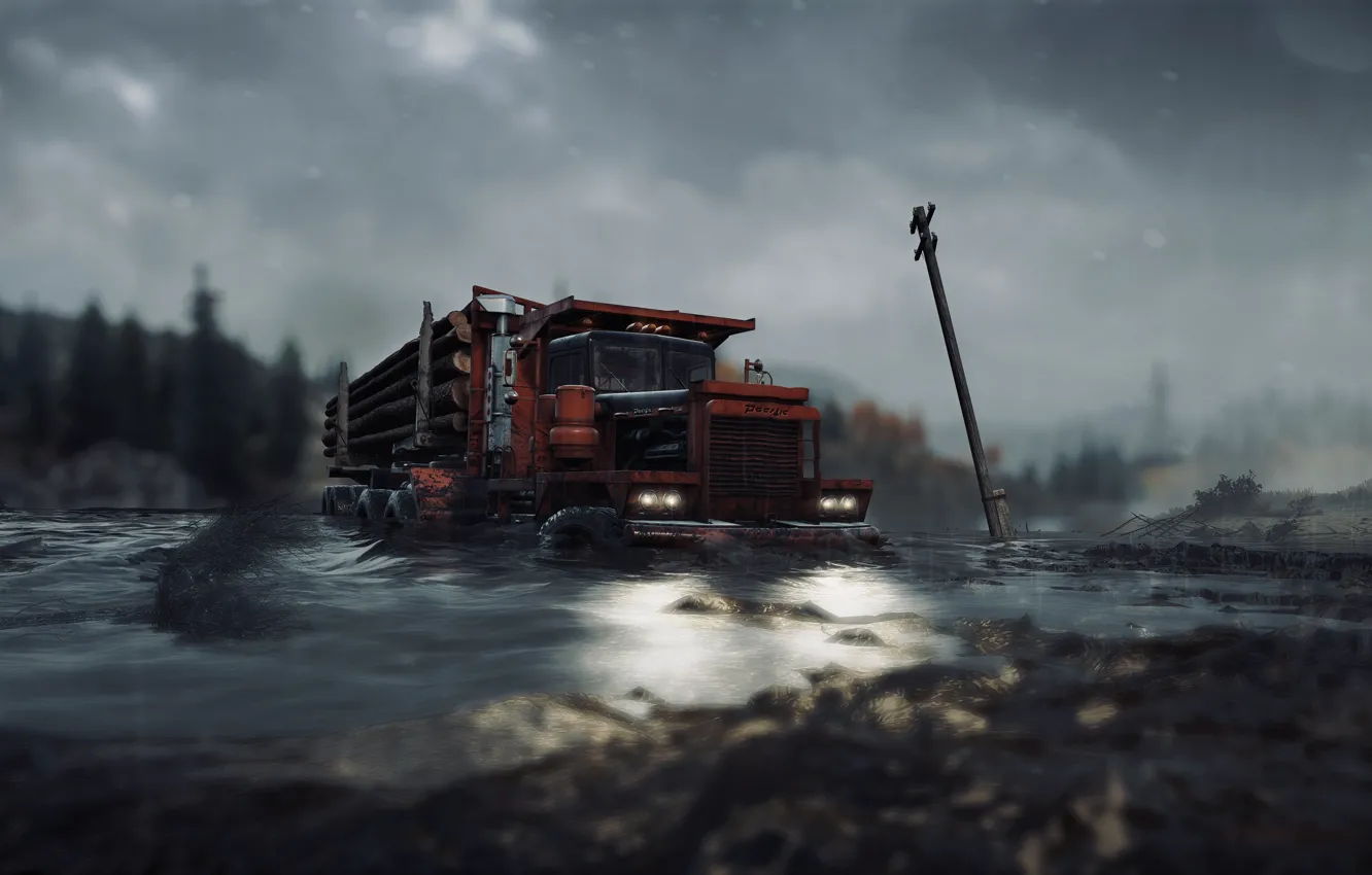 Photo wallpaper HDR, Clouds, Wood, Water, Truck, Game, Trailer, River