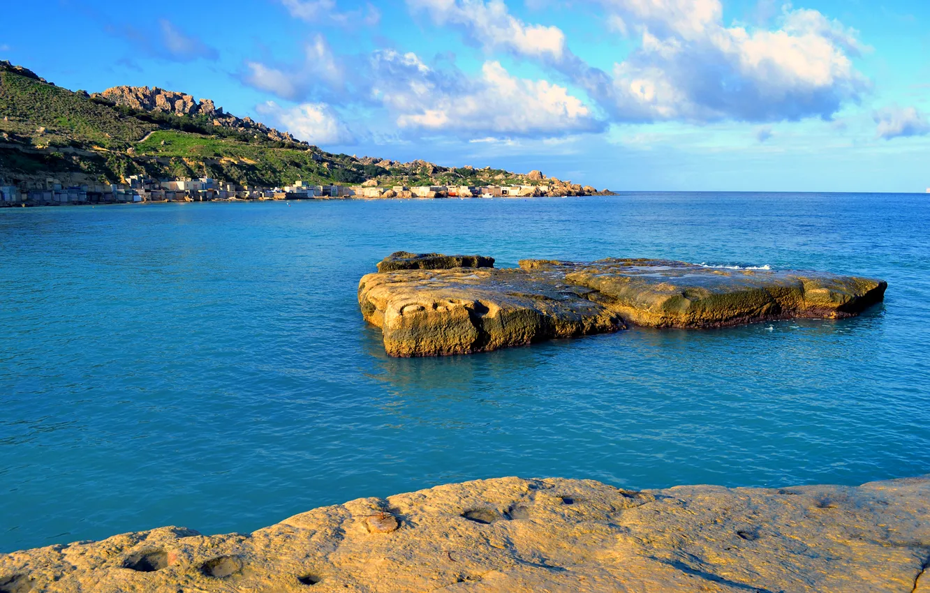 Photo wallpaper sea, the sky, rocks, Bay, Malta, Gnejna Bay