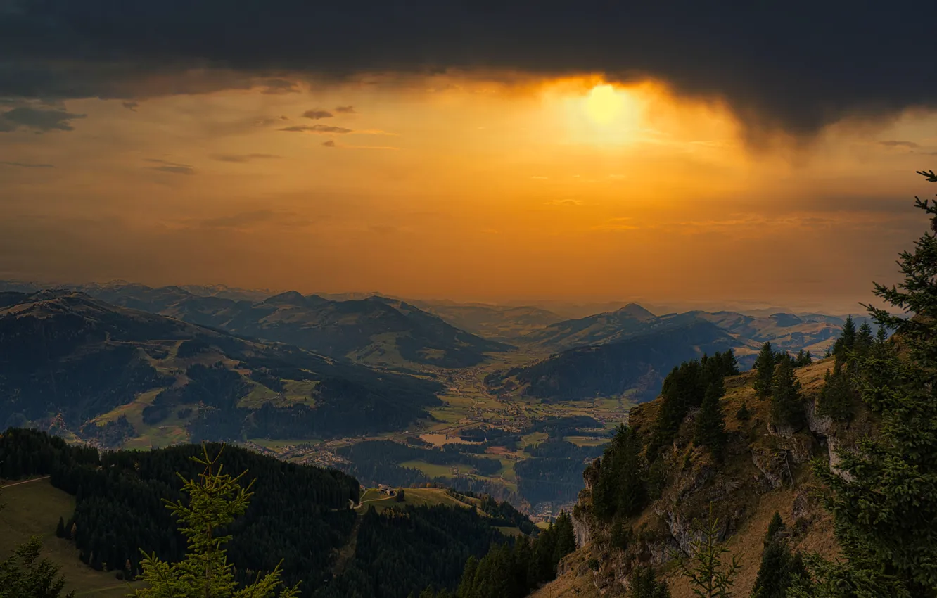 Photo wallpaper forest, the sky, the sun, sunset, mountains, clouds, fog, rocks