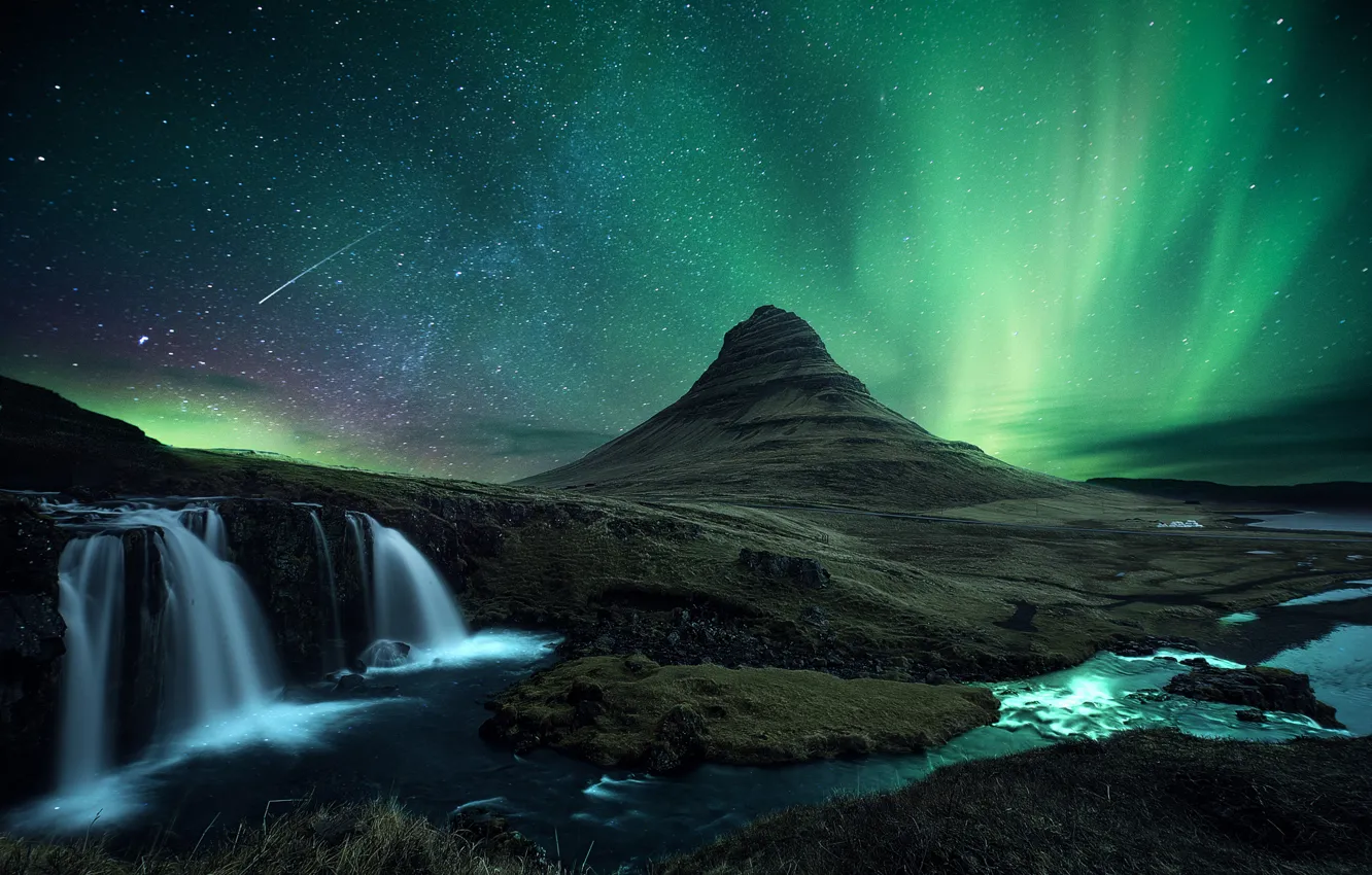 Photo wallpaper stars, snow, night, rocks, mountain, waterfall, meteor, Northern lights