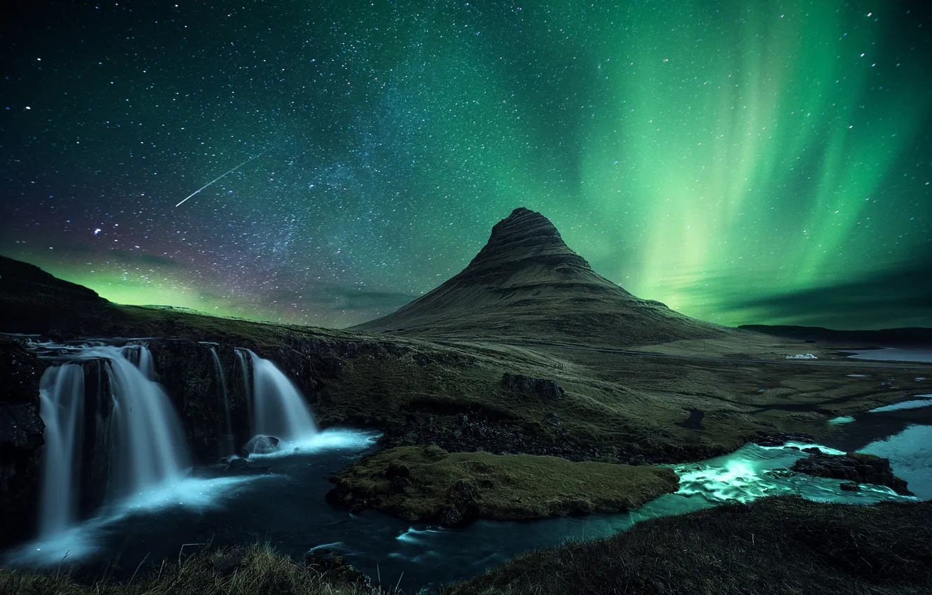 Photo wallpaper stars, snow, mountains, night, rocks, waterfall, meteor, Northern lights