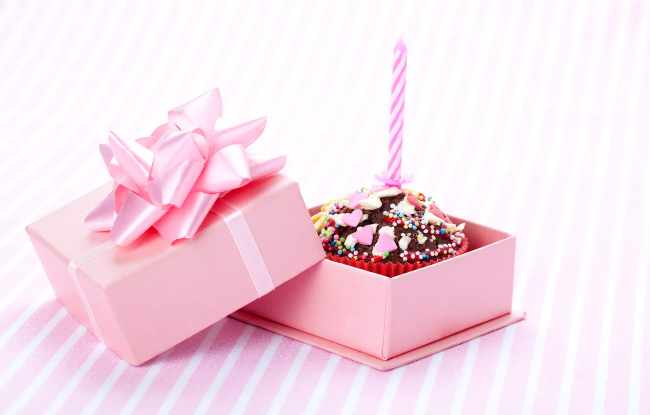 Photo wallpaper holiday, box, gift, candle, bow, cupcake