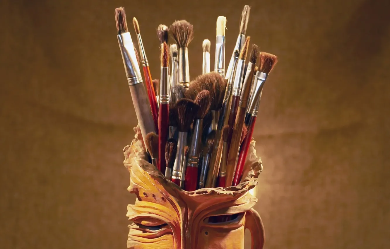 Photo wallpaper background, painting, brush, set painter, earthenware mug