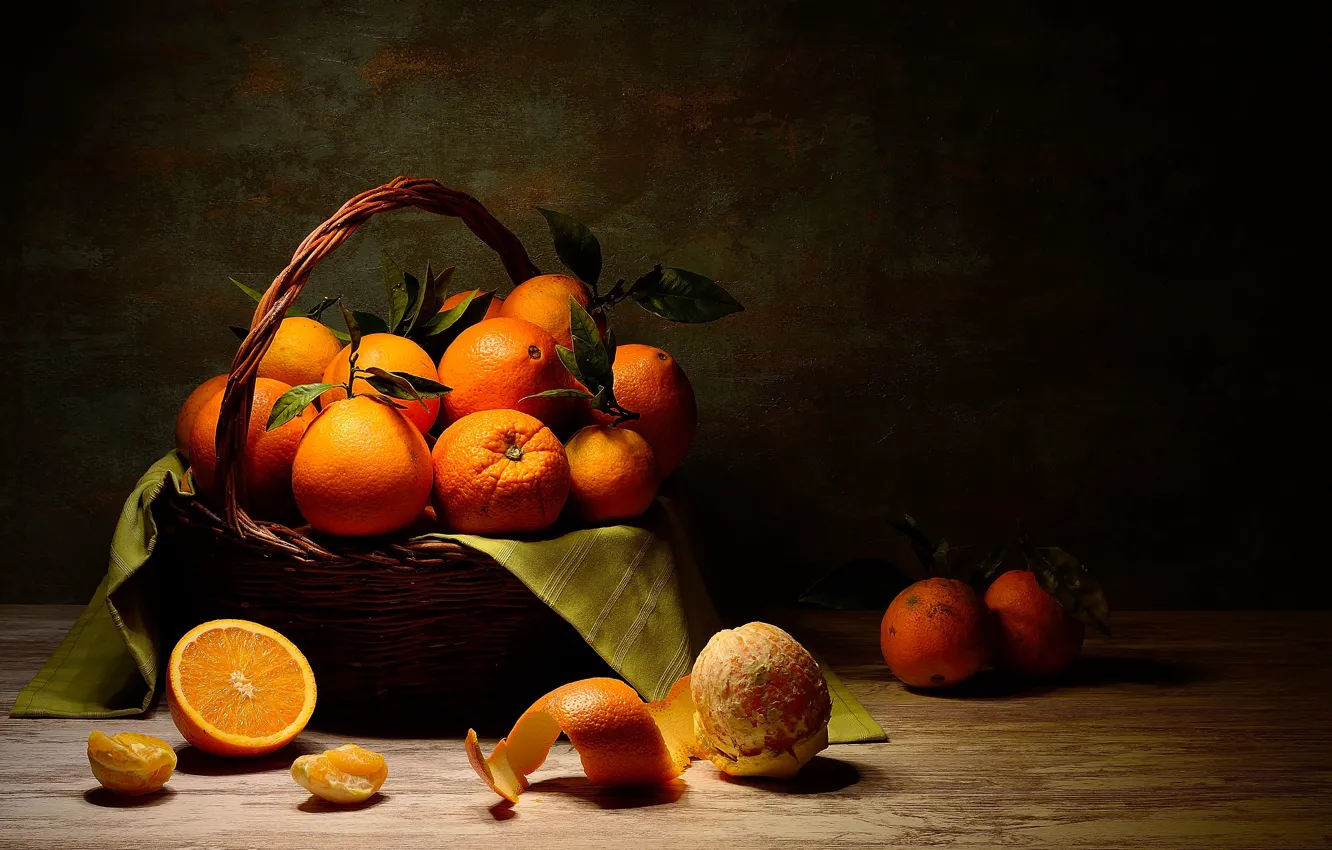 Photo wallpaper light, the dark background, table, still life, basket, peel, tangerines