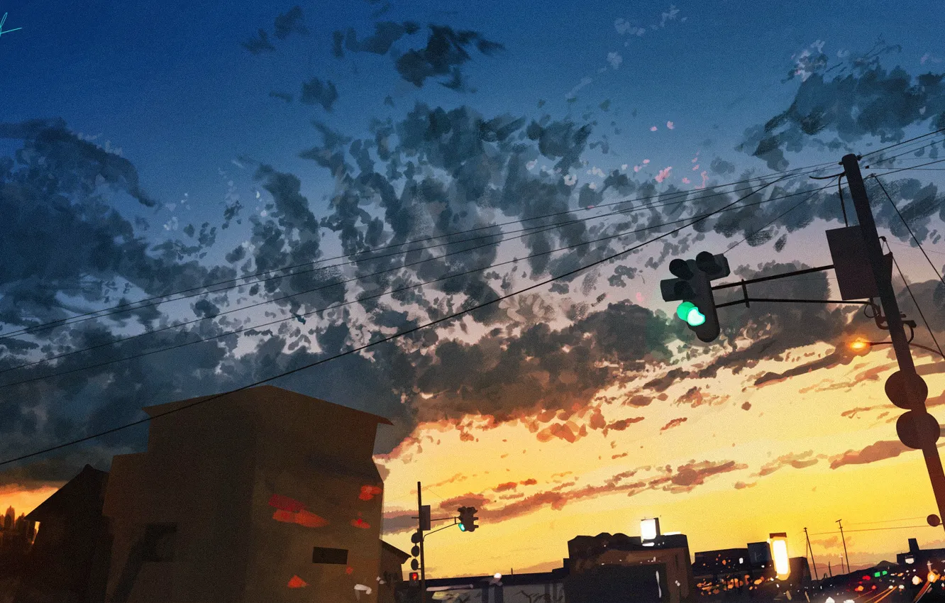 Photo wallpaper the sky, dawn, morning, traffic light
