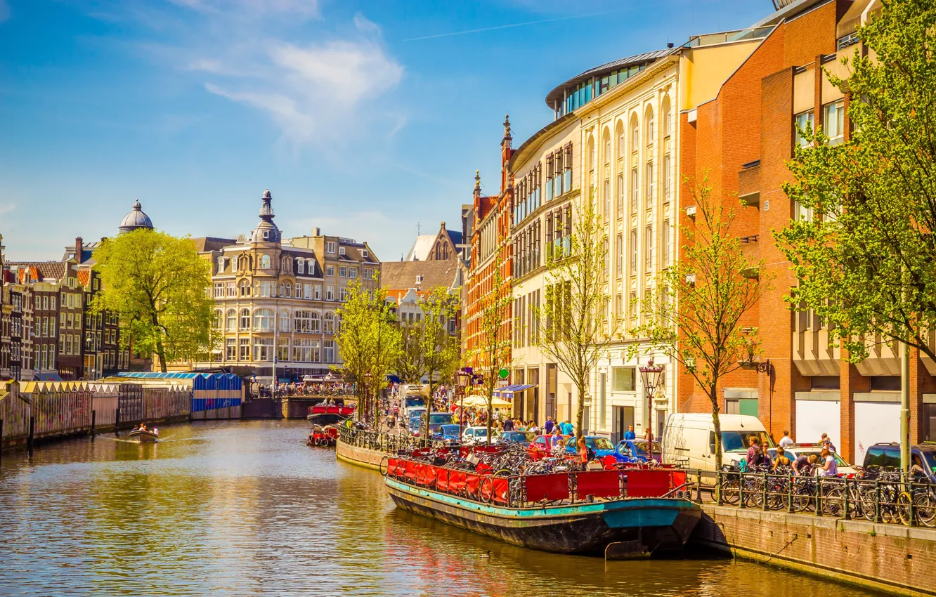 Photo wallpaper river, spring, boats, Amsterdam, Amsterdam, old, spring, buildings