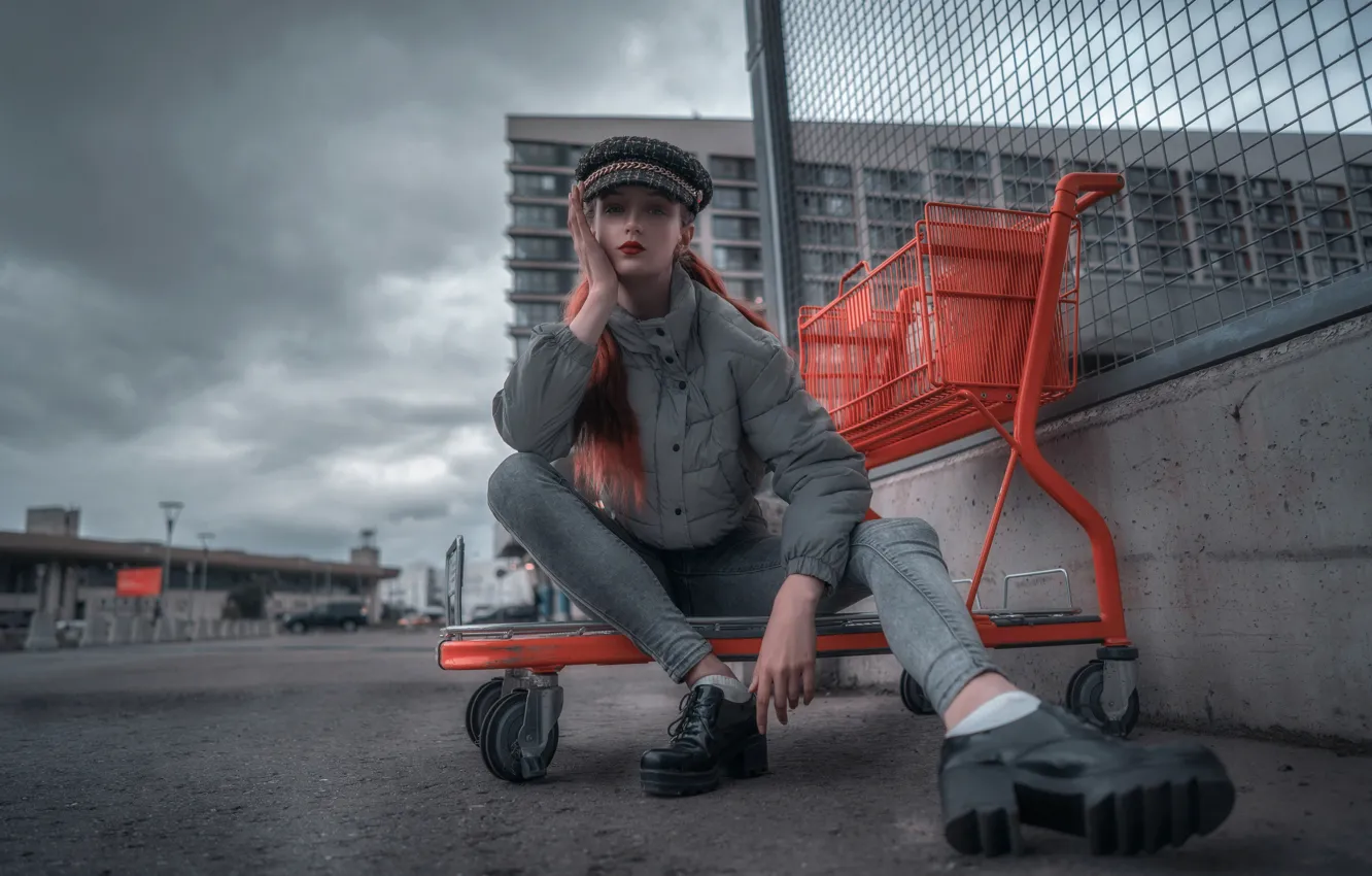 Photo wallpaper sky, clouds, model, women, jeans, redhead, jacket, public