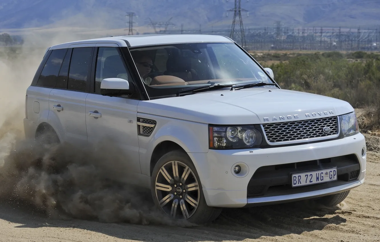 Photo wallpaper road, white, background, sport, dust, jeep, Land Rover, Range Rover