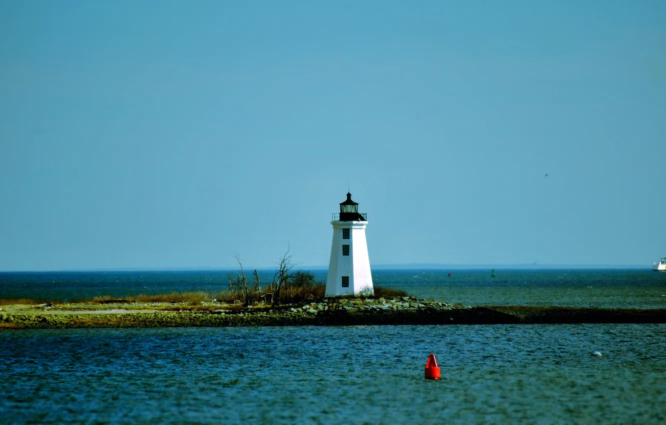 Photo wallpaper sea, the sky, water, landscape, nature, shore, lighthouse, ship