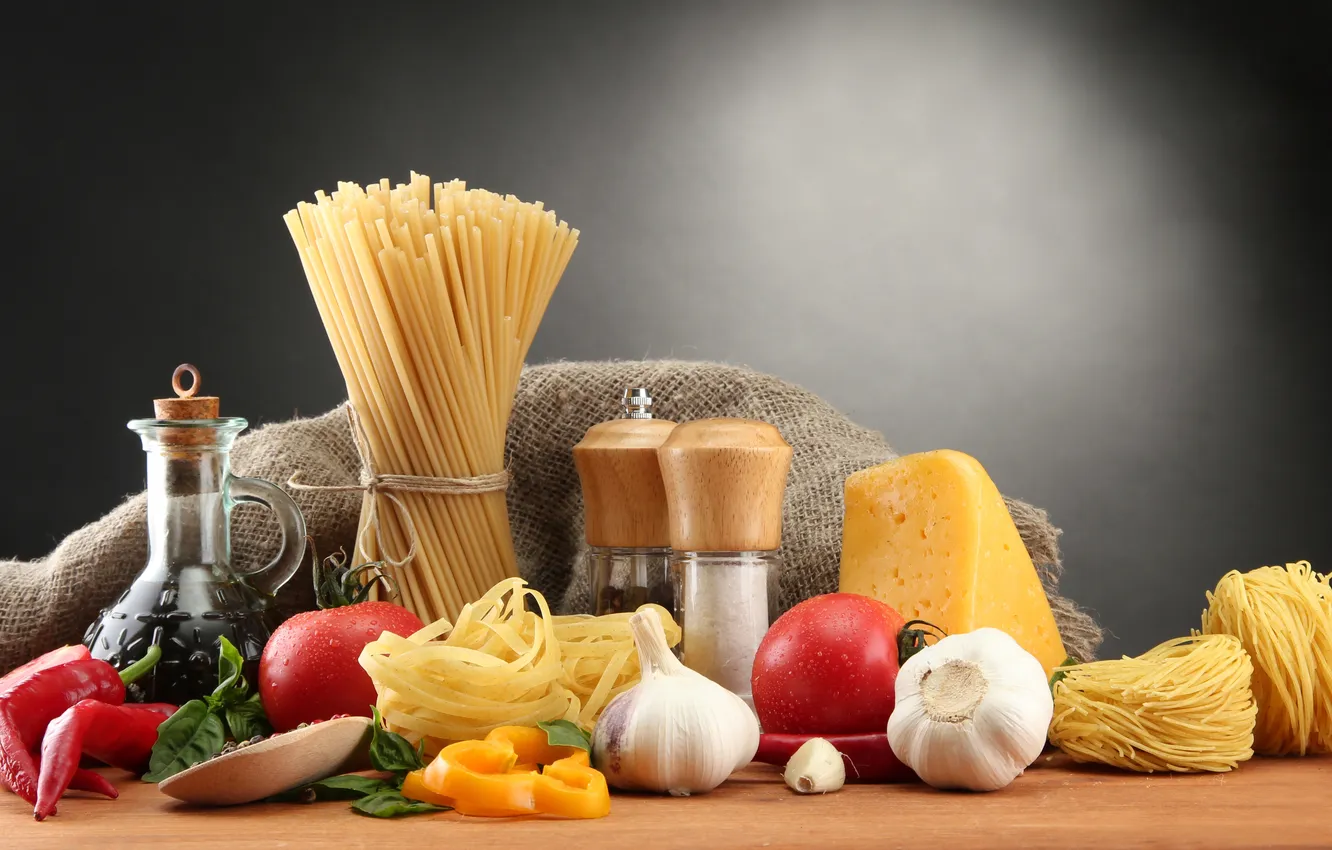 Photo wallpaper food, cheese, pepper, tomatoes, spaghetti, Chile, spices, garlic