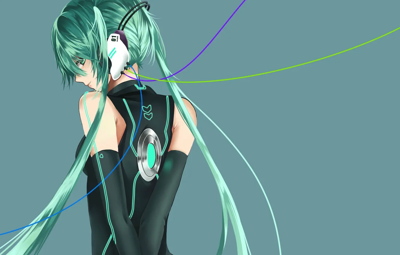 Photo wallpaper girl, background, back, headphones, vocaloid, hatsune miku