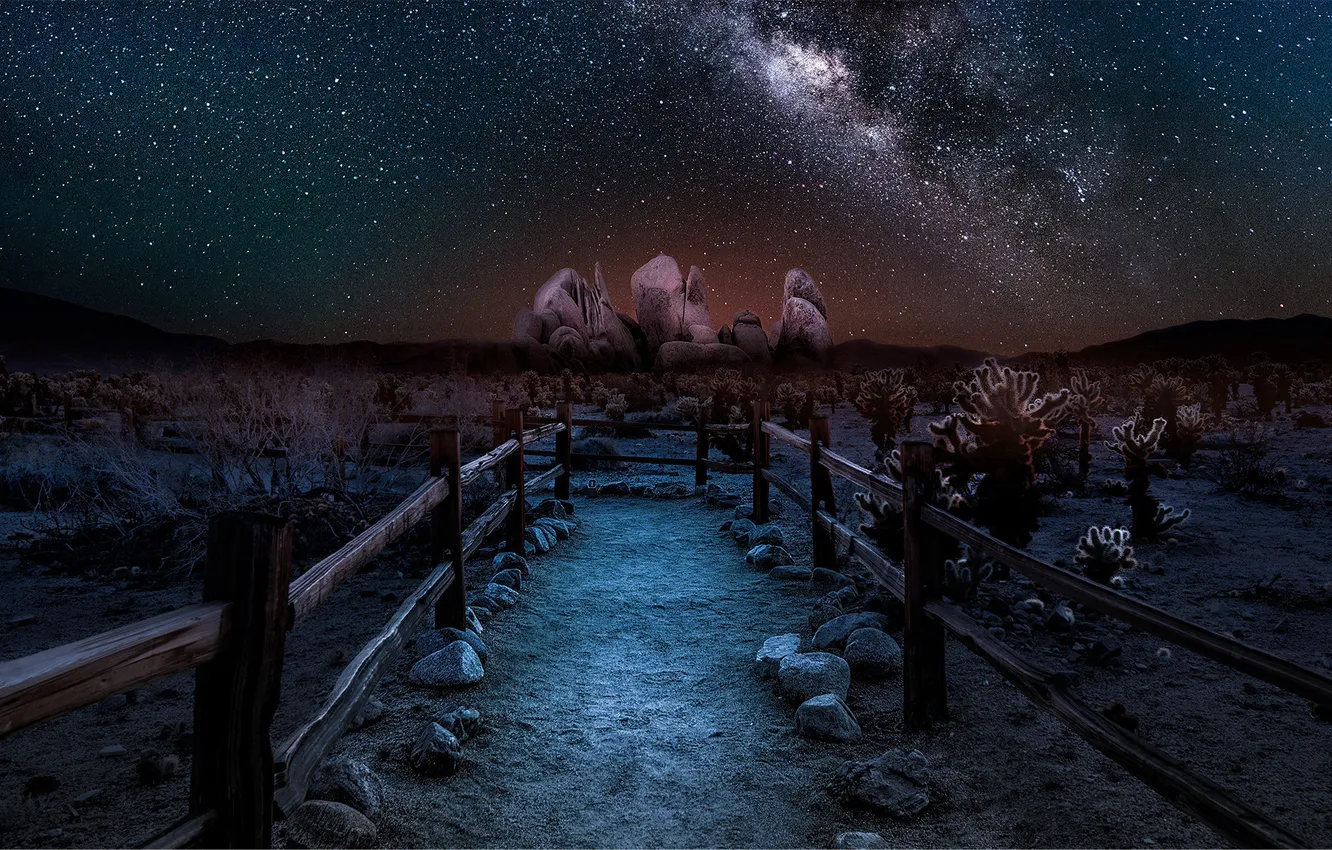 Photo wallpaper stars, landscape, night, desert, the fence, the milky way