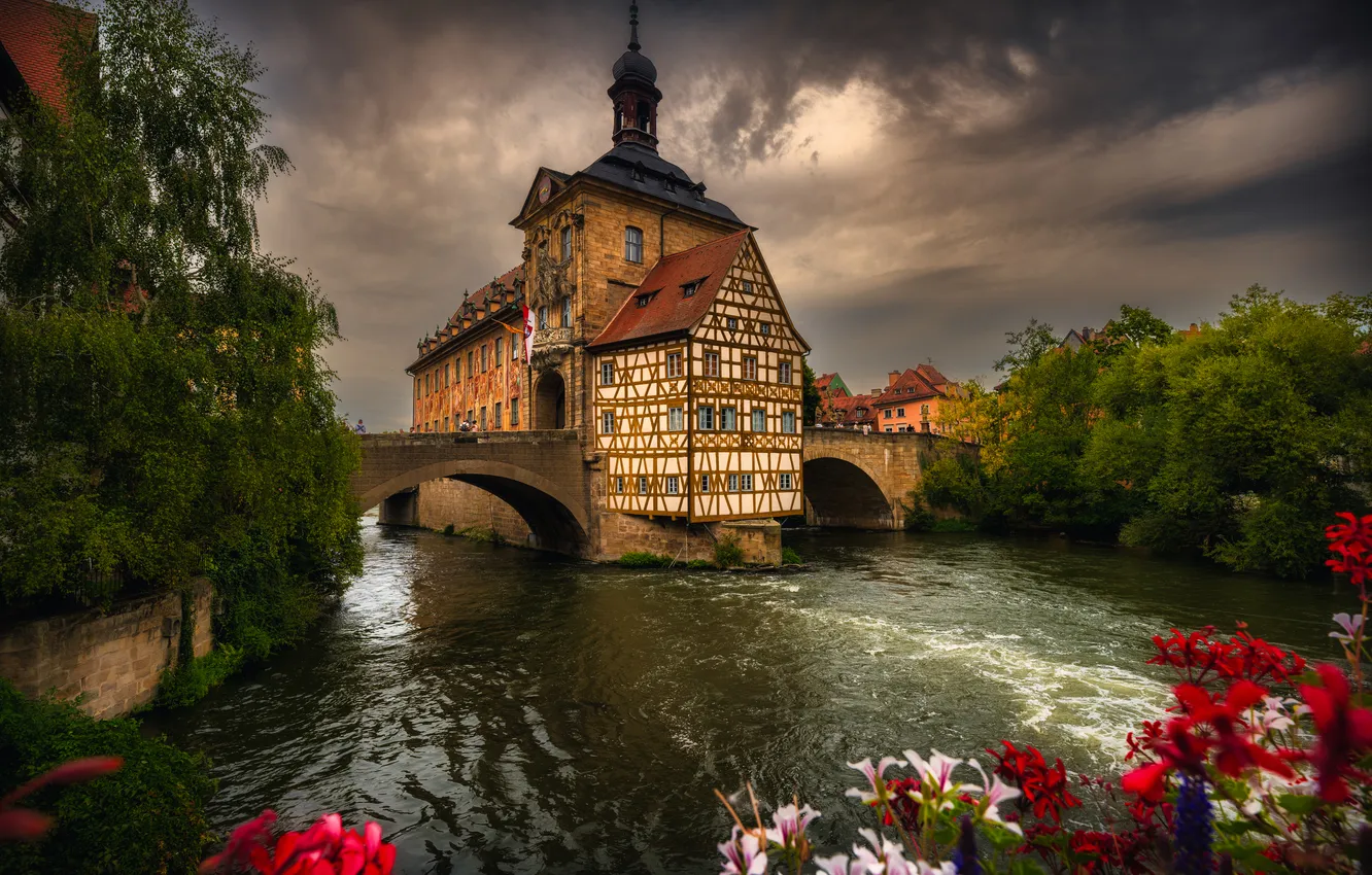 Photo wallpaper flowers, bridge, river, building, Germany, Bayern, Germany, Bamberg