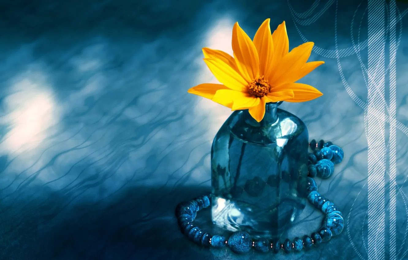 Photo wallpaper flower, blue, beads, vase