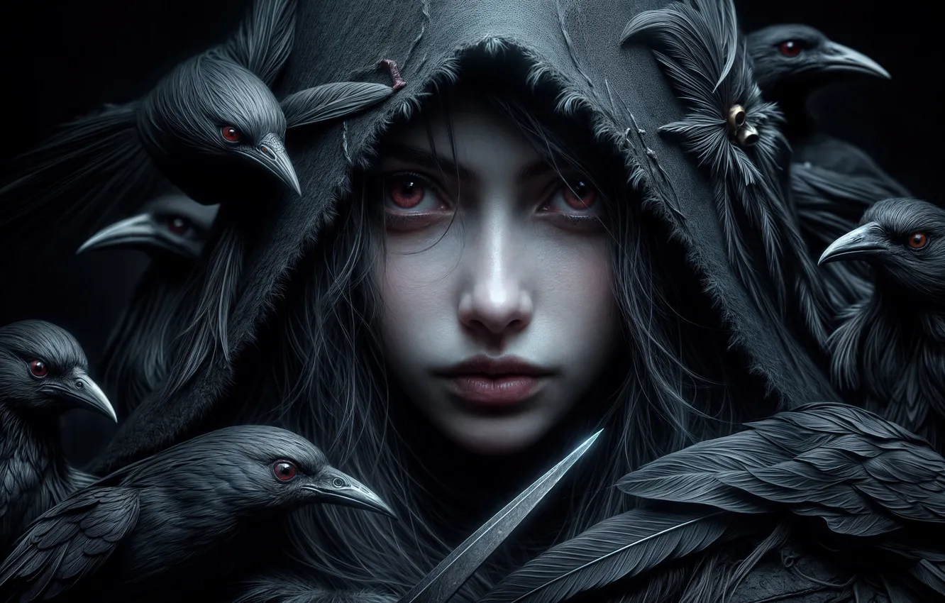 Photo wallpaper look, girl, bird, hood, crows