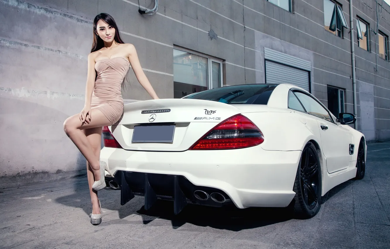 Photo wallpaper look, Girls, Mercedes, Asian, AMG, beautiful girl, leaning on the car, white car