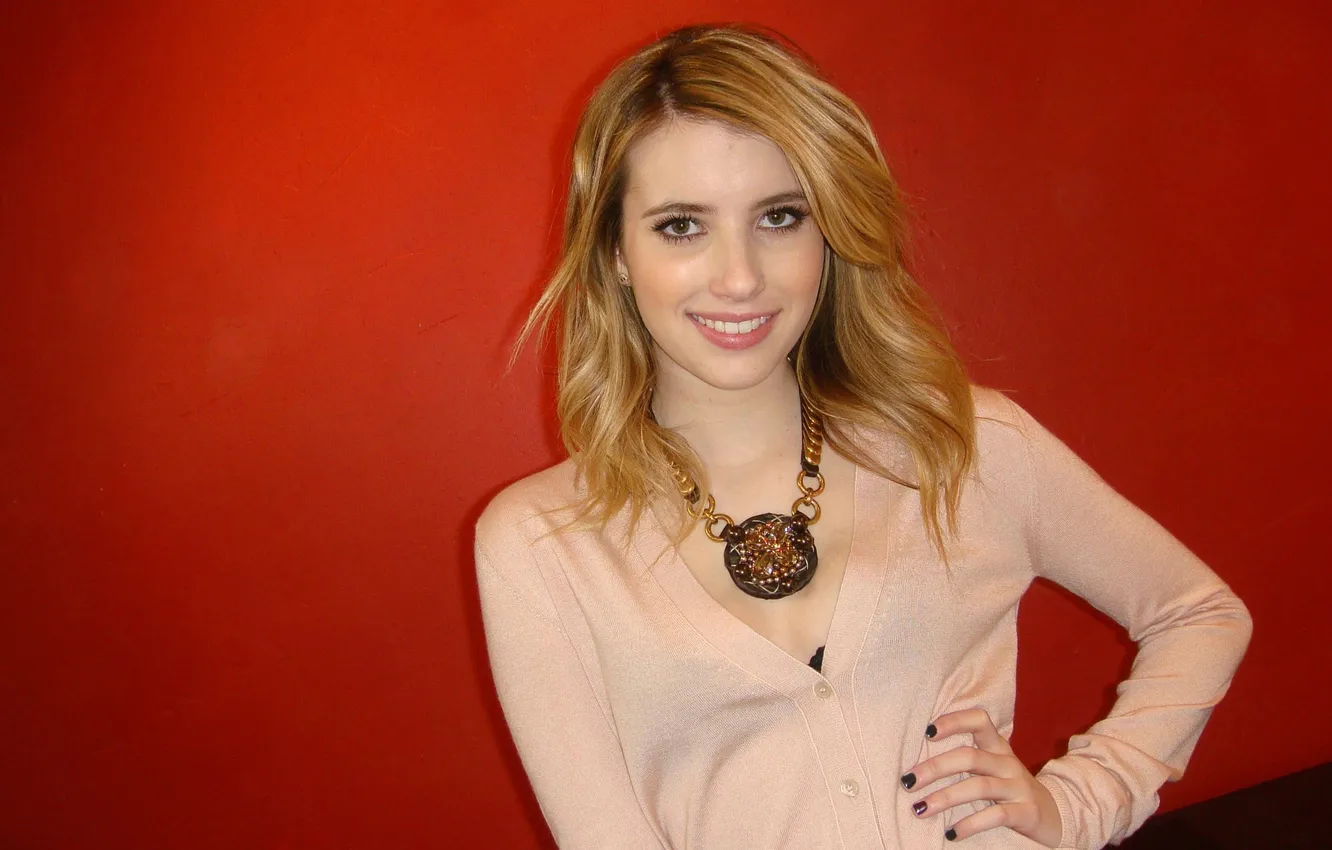 Photo wallpaper look, pose, smile, portrait, actress, blonde, red background, Emma Roberts