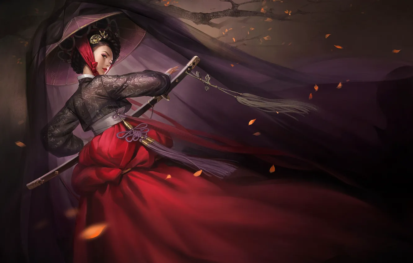 Photo wallpaper look, leaves, girl, trees, weapons, Japan, fantasy, art