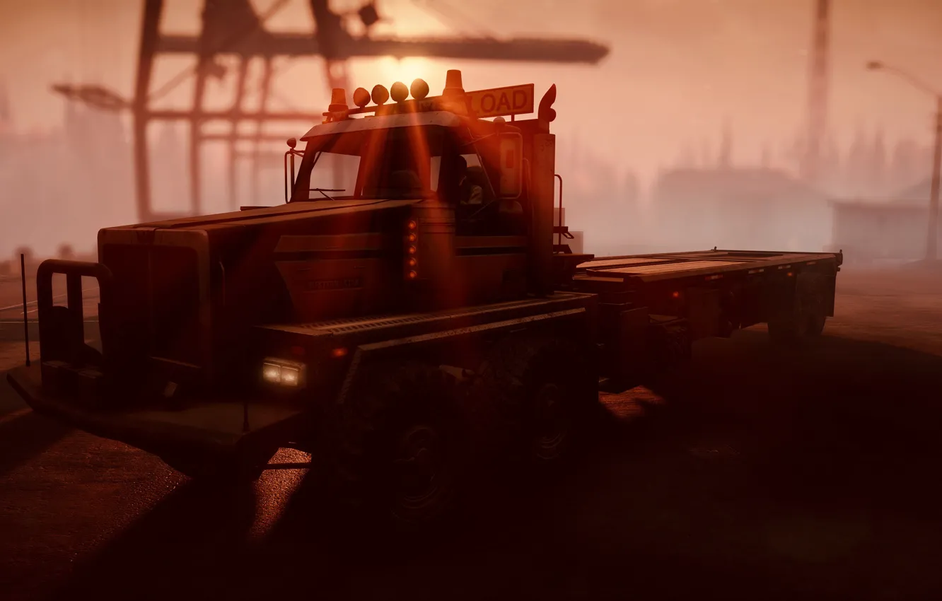 Photo wallpaper HDR, game, sunrise, truck, sunlight, Docks, crane, UHD