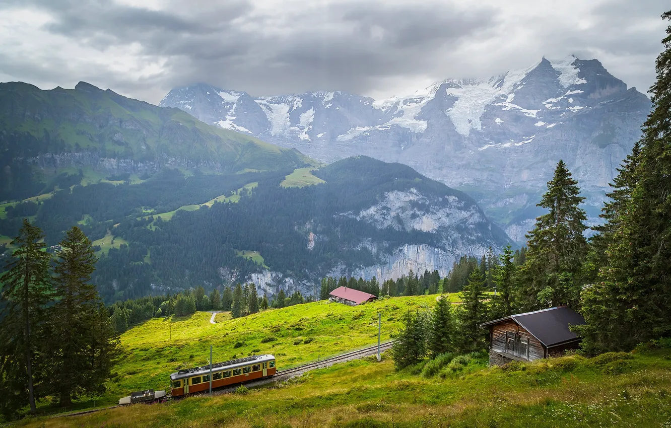 Photo wallpaper field, forest, clouds, snow, mountains, fog, view, train