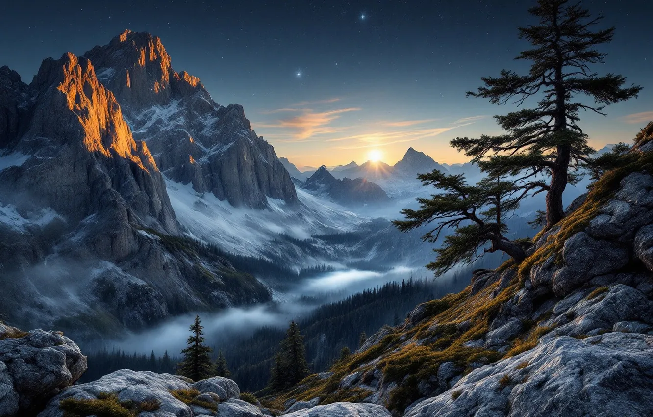 Photo wallpaper trees, mountains, rocks, AI art