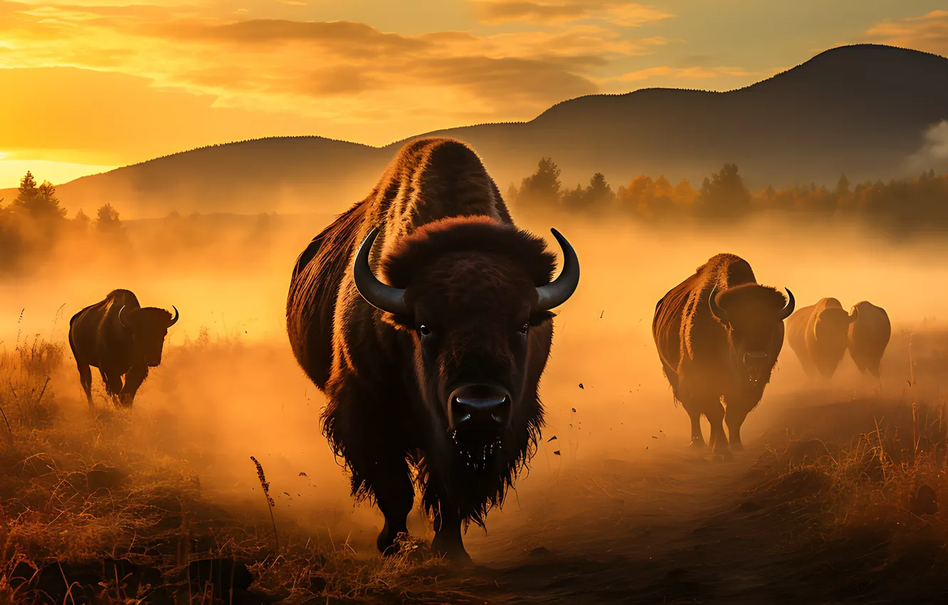 Photo wallpaper field, mountains, fog, dawn, dust, the herd, Buffalo, Bison