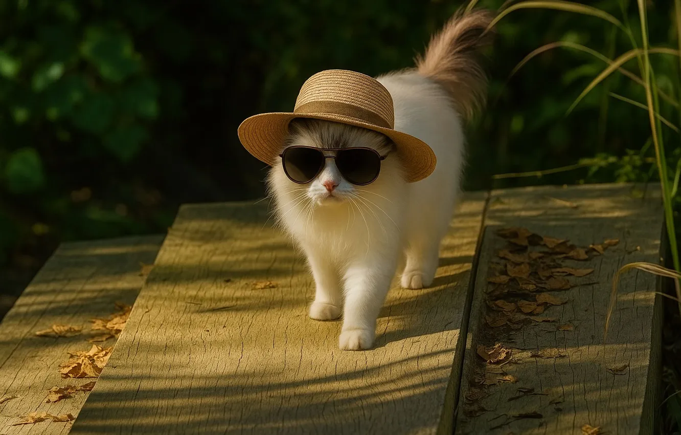Photo wallpaper cat, white, summer, cat, look, light, nature, pose