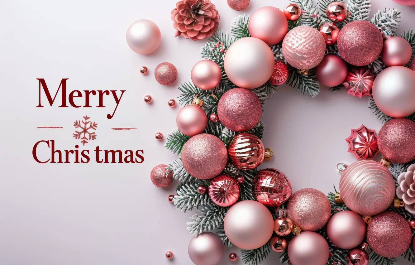 Photo wallpaper balls, branches, the inscription, new year, Christmas, pink, needles, light background