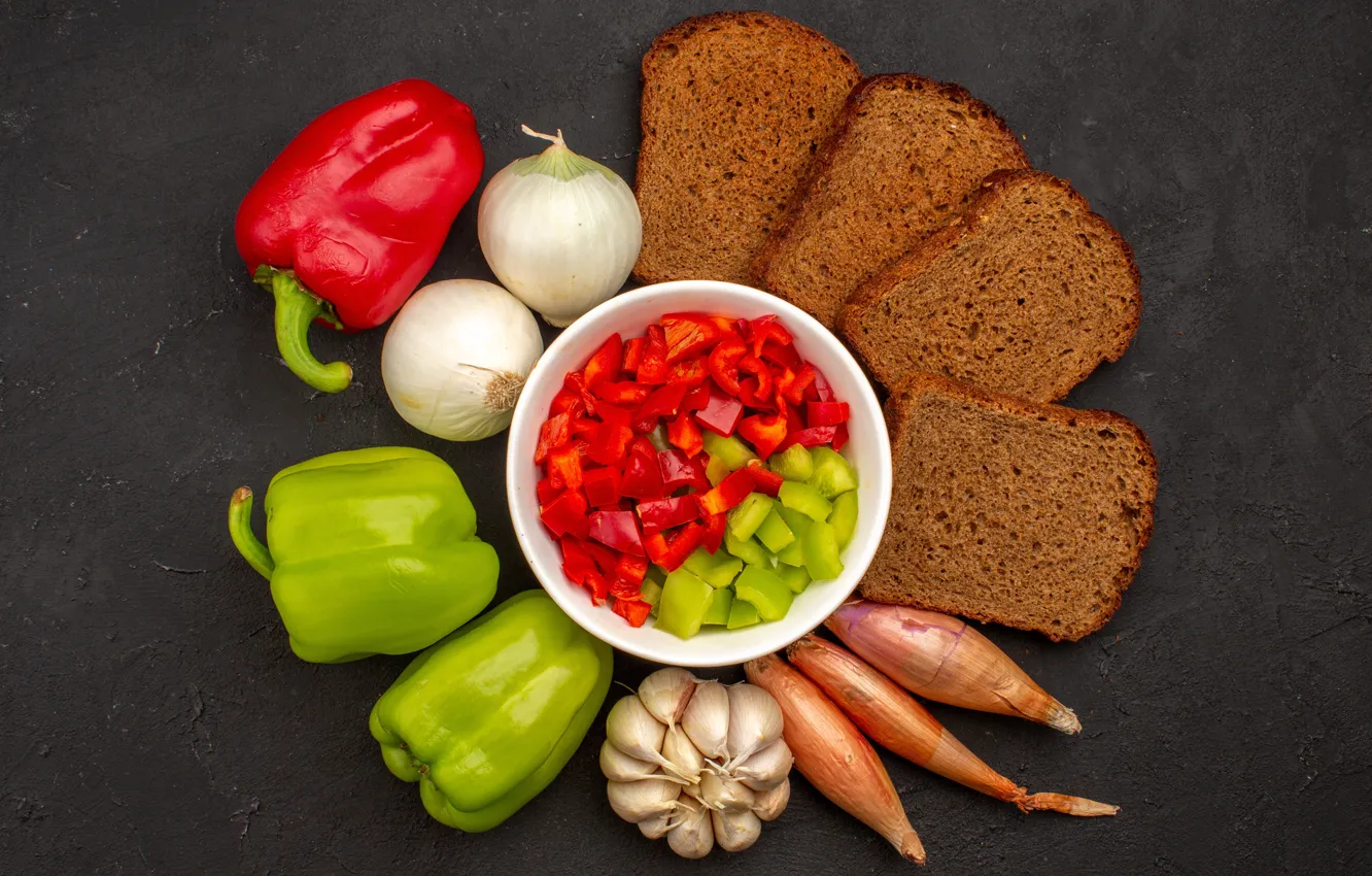 Photo wallpaper red, green, the dark background, bow, bread, pepper, bowl, vegetables