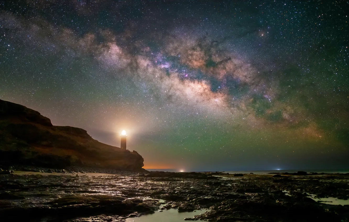 Photo wallpaper lighthouse, galaxy, Spain, Galaxy, starry sky, Spain, lighthouse, starry sky