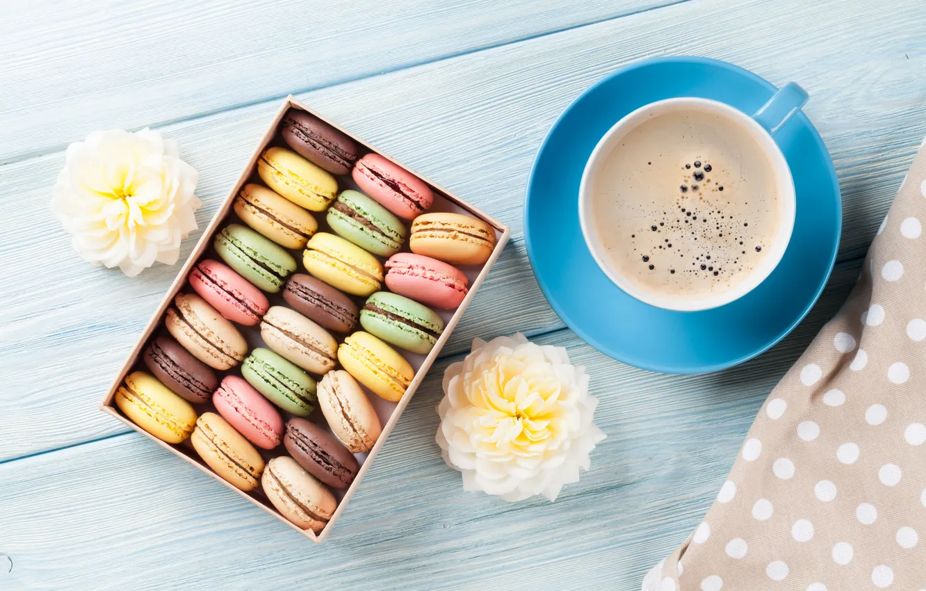 Photo wallpaper flowers, gift, colorful, wood, pink, flowers, coffee cup, macarons