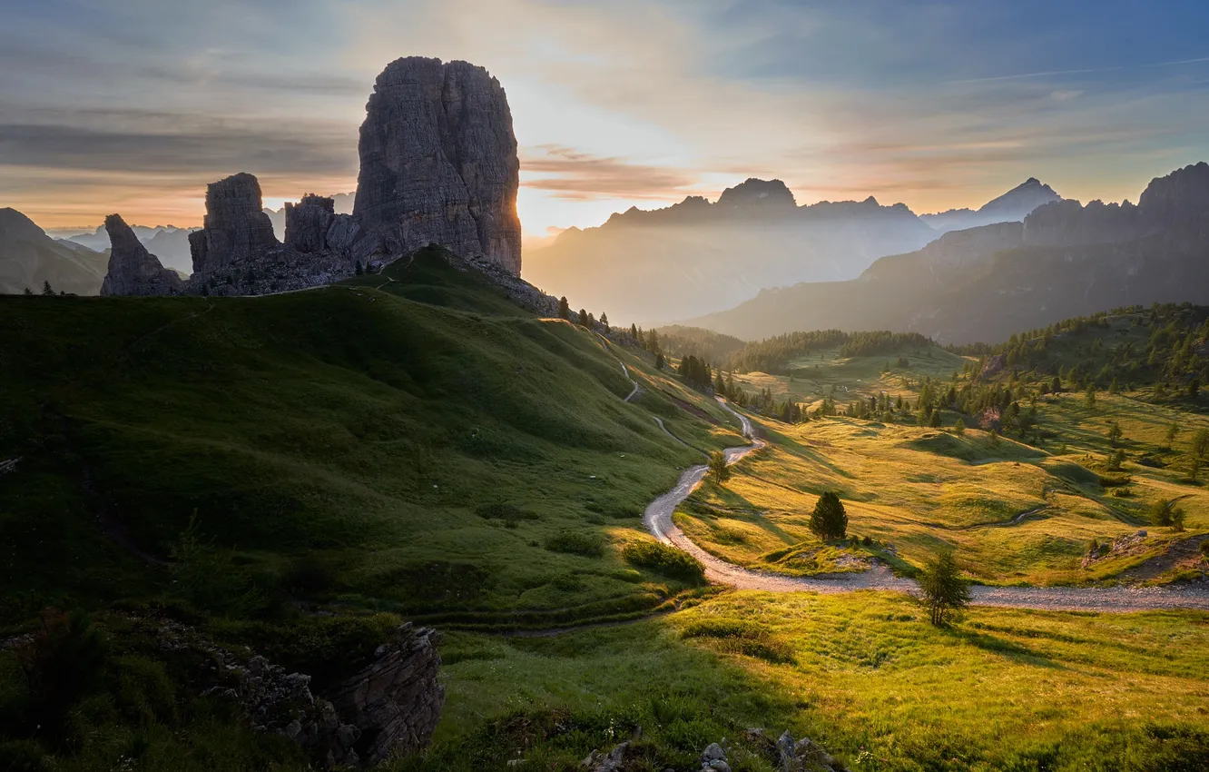Photo wallpaper grass, sky, trees, landscape, nature, clouds, hills, sunrise