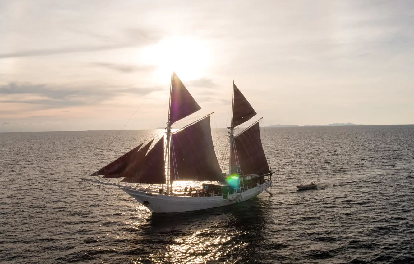 Photo wallpaper the sun, reflection, the way, the ocean, the wind, ship, island, sailboat