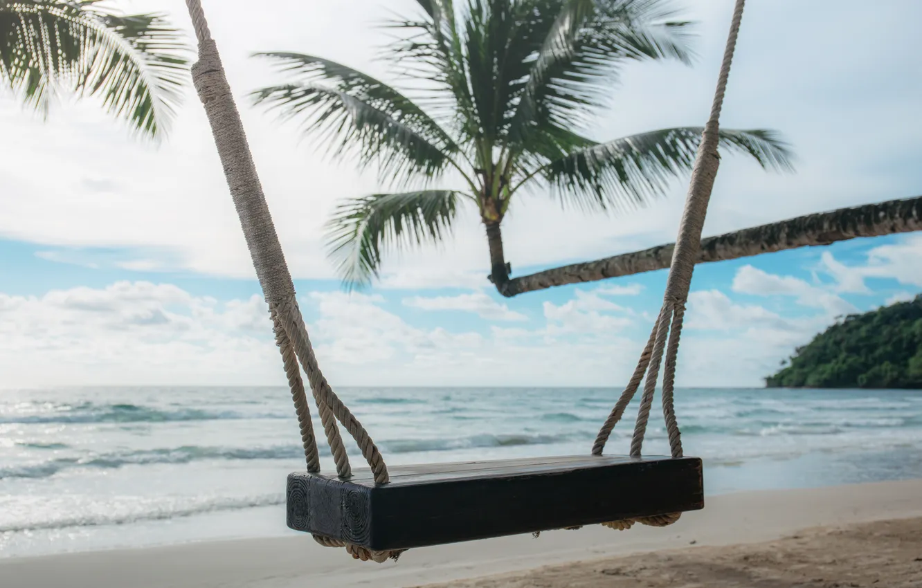 Photo wallpaper sand, sea, wave, beach, summer, the sky, palm trees, shore