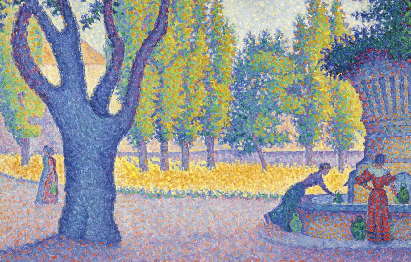 Photo wallpaper pointillism, landscape, Paul Signac, Saint-Tropez. Fountain of Lices, picture