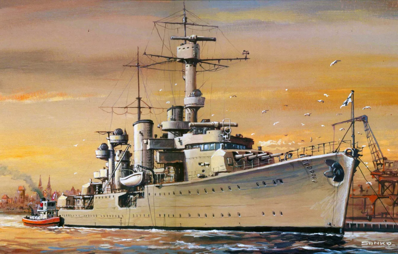 Photo wallpaper the sky, figure, seagulls, tug, crane, port, cruiser, German