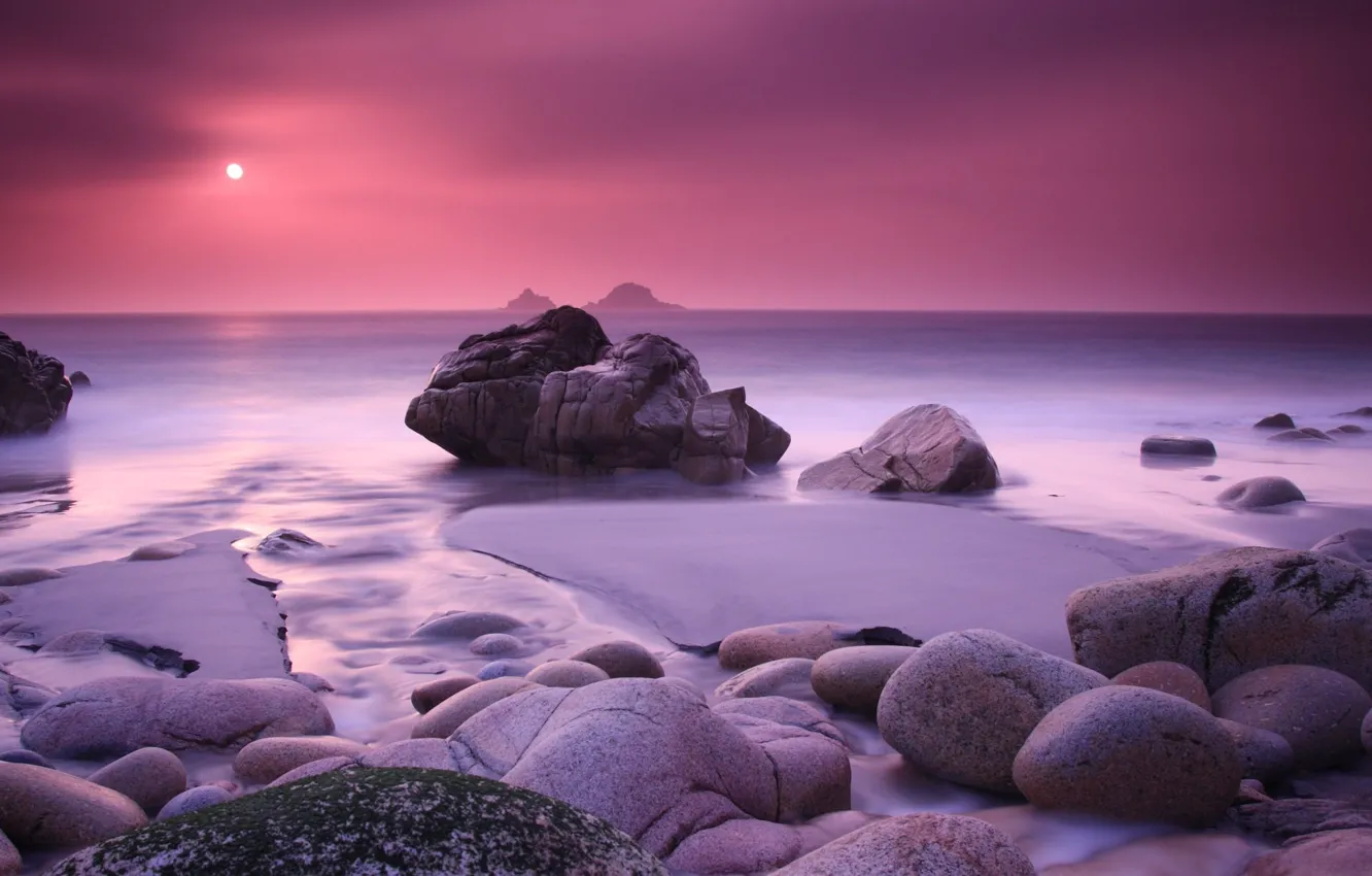 Photo wallpaper sand, sea, water, the sun, sunset, stones, pink, island