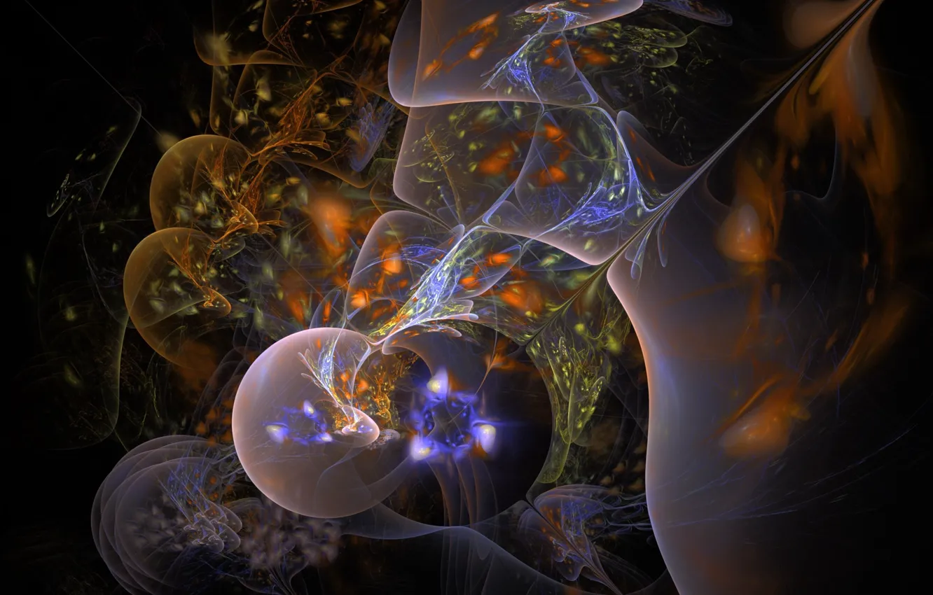 Photo wallpaper balls, beauty, glow, haze, fractal, black background, balls, glow