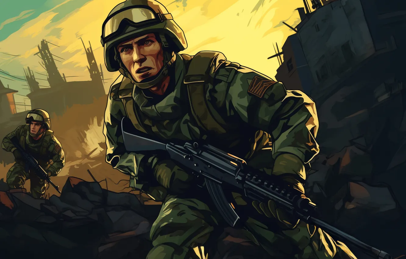 Photo wallpaper art, soldiers, machine, male, two, digital art, AI art, The Art of Artificial Intelligence